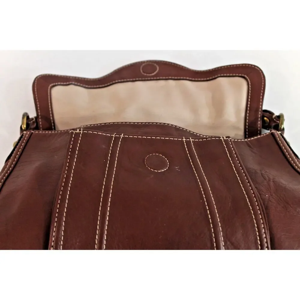 Talbots Leather Handbag Purse Brown White Thread Detailing Flap Closure
